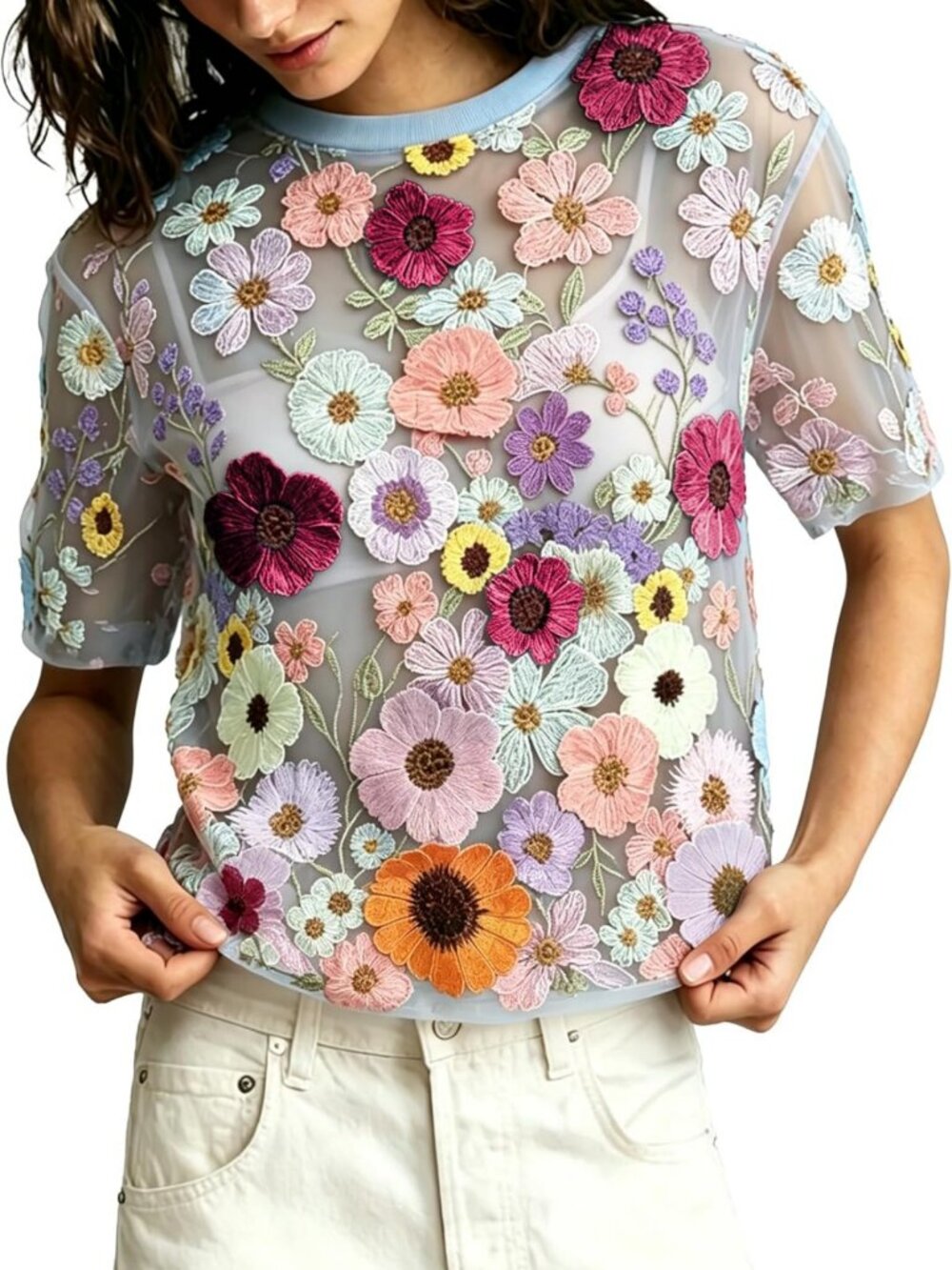 Embroidered Floral Lace Top - Women's Sheer 3D Design Blouse for Stylish Outfits